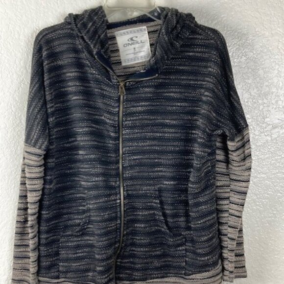 O'Neill black & brown Zippered Hooded Striped Sweater Sz M - Picture 2 of 8